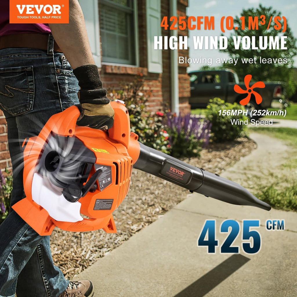 Leaf Blower, 26CC 2-Cycle Handheld Leaf Blower, 2-in-1 Blower 425CFM Air Volume 156MPH Speed