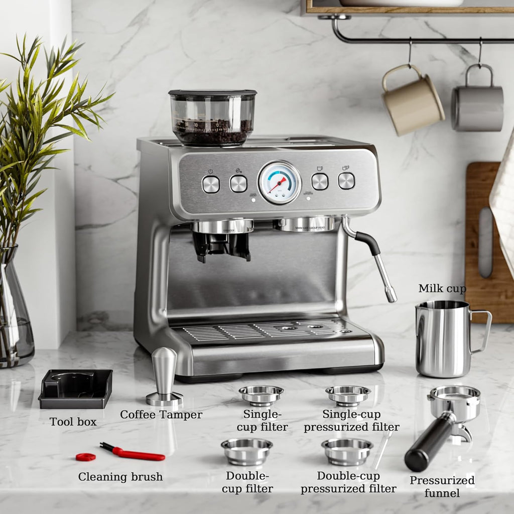 Kismile Espresso Machine, Semi-Automatic Coffee Maker with Bean Grinder and Milk Frother Steam Wand